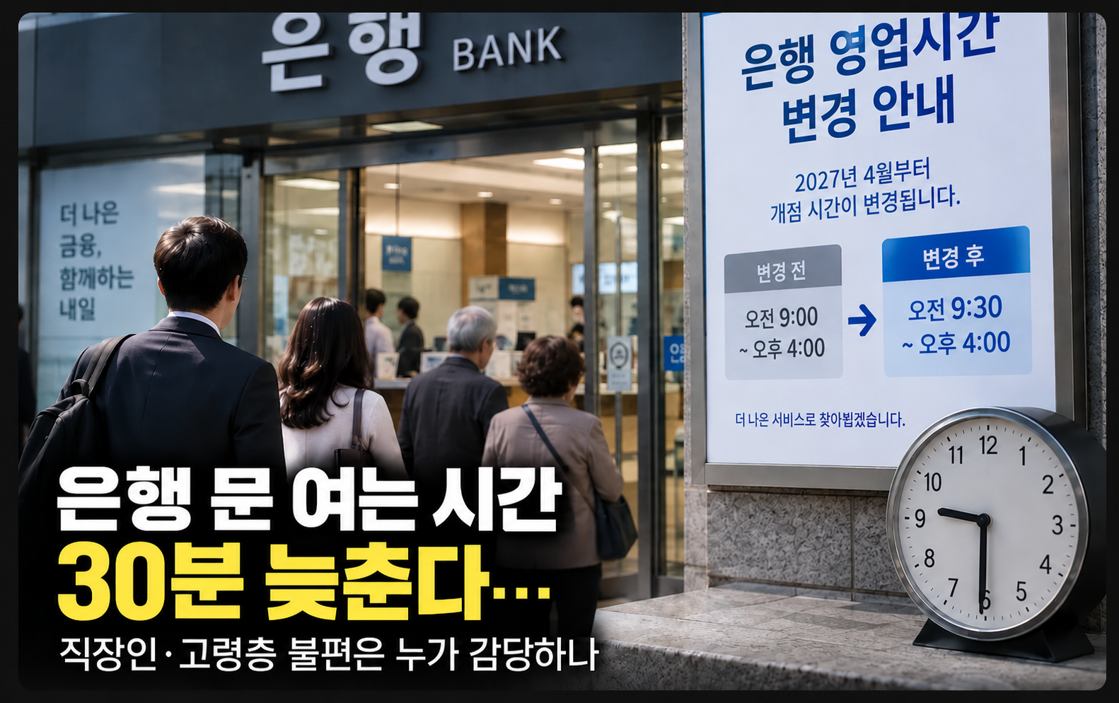 은행 문 여는 시간 30분 늦춘다…
직장인·고령층 불편은 누가 감당하나